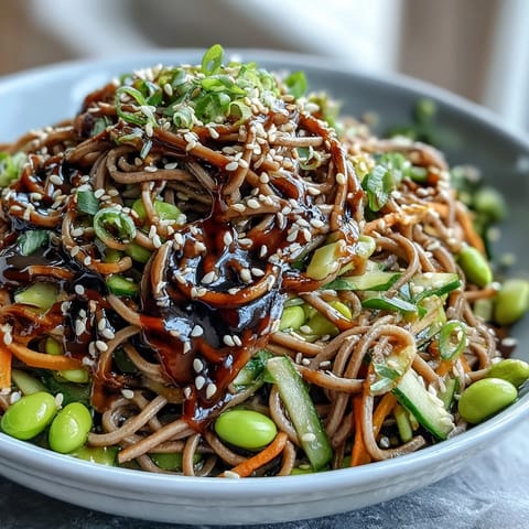 Cold Soba Noodle Bowl tossed with colorful julienned vegetables and sesame seeds, served fresh and ready to eat for lunch.