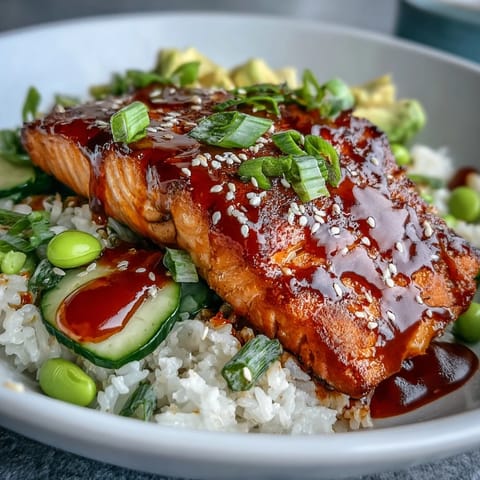 Glazed salmon fillet and crisp cucumbers combine in a colorful Honey Sriracha Salmon Bowl with sriracha mayo.