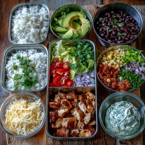 Freshly prepared Meal Prep Burrito Bowl Base with fluffy rice, seasoned black beans, and chopped chicken ready for assembly.