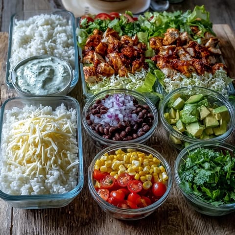 Colorful Meal Prep Burrito Bowl Base features sautéed bell peppers, corn, tomatoes, and avocado slices in storage containers.