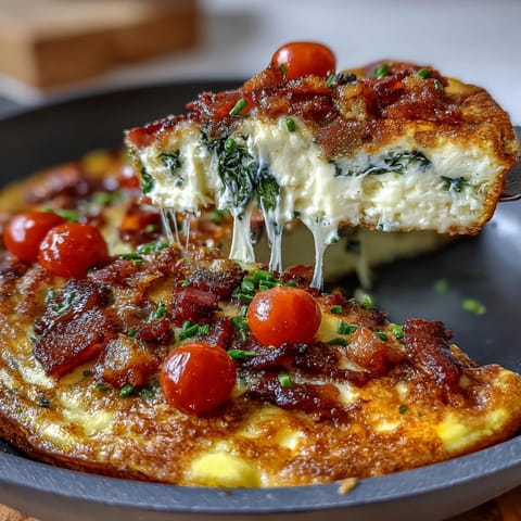 Golden One-Pan Ham and Cheese Frittata with spinach, tomatoes, and melty cheddar baked to perfection for a hearty breakfast.