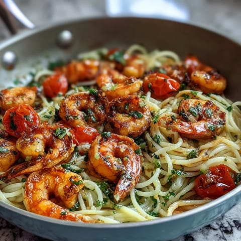 One-Pot Garlic Shrimp with Angel Hair pasta in a fragrant lemon-garlic sauce, served with fresh vegetables and a sprinkle of parsley.