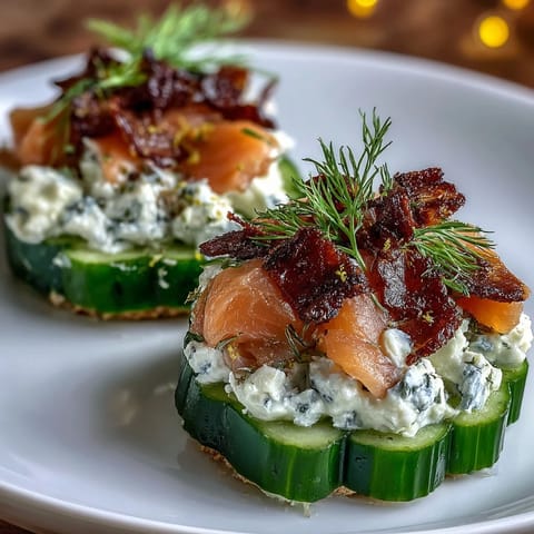Crisp cucumber rounds topped with creamy dill-infused cheese and delicate smoked salmon, garnished with fresh dill and capers.
