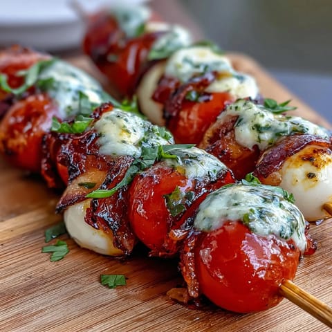 Vibrant Caprese skewers with cherry tomatoes, mozzarella, and basil, drizzled with fragrant homemade pesto.