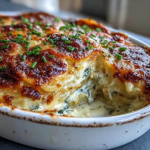Creamy Au Gratin Potatoes with golden cheese crust baked in rich cream sauce.