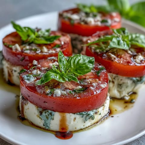 Caprese Salad with Basil Oil Drizzle: Ripe heirloom tomatoes layered with creamy mozzarella and finished with a drizzle of aromatic homemade basil oil.