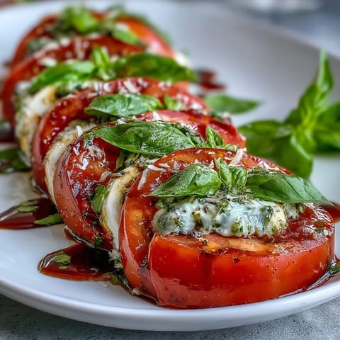 Caprese Salad with Basil Oil Drizzle: Fresh tomatoes and mozzarella arranged with fragrant basil leaves and drizzled with vibrant green basil oil.