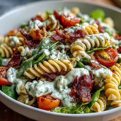 Vibrant BLT pasta salad with avocado ranch dressing, crispy bacon, fresh lettuce, and juicy cherry tomatoes in a creamy blend.  
