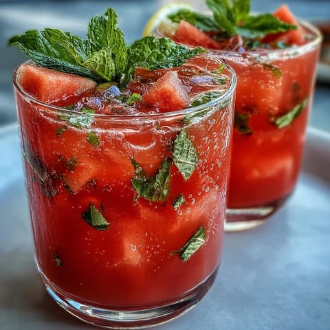 Refreshing watermelon mint lemonade with juicy fruit chunks and vibrant green mint leaves in a tall glass, perfect for summer sipping.