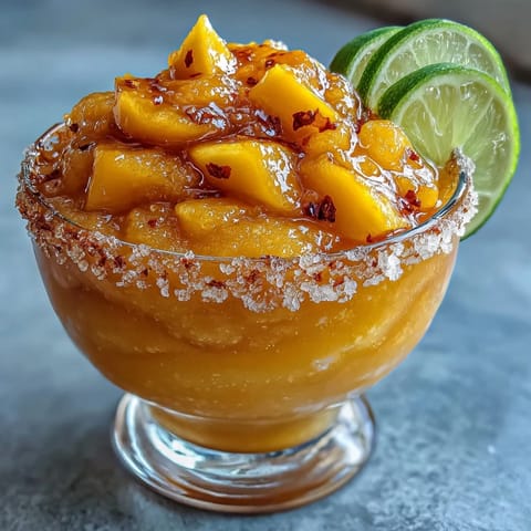Refreshing Frozen Mango Margarita Mocktail with slushy mango-lime blend, Tajín rim, and bright citrus aroma.