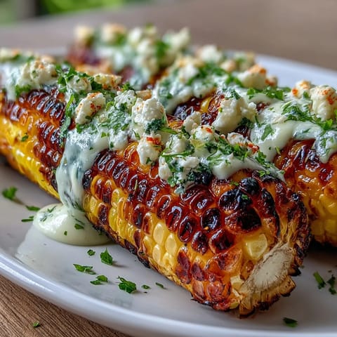 Vibrant Mexican street corn grilled to perfection, slathered in zesty lime crema, and sprinkled with fresh cilantro and cheese.