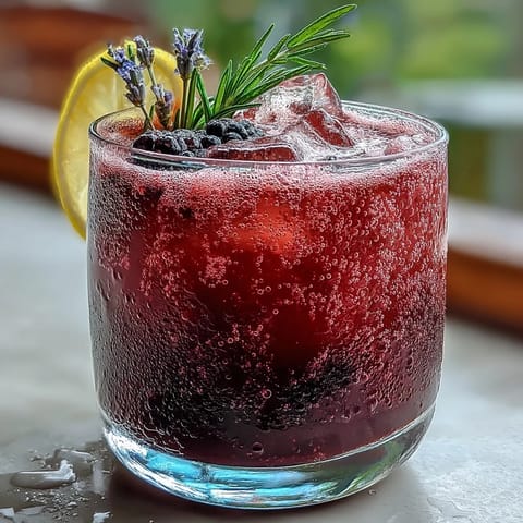 Vibrant blackberry lavender lemonade fizz garnished with fresh berries and mint.