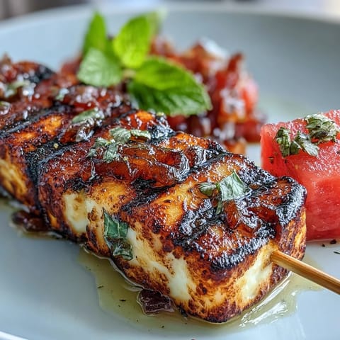 Grilled halloumi skewers with watermelon and mint, showcasing golden cheese and fresh fruit.