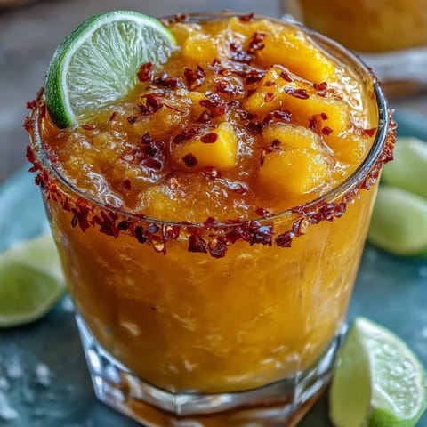 Refreshing Fricy Spicy Mango Margarita Slushie, a zesty iced treat for summer.