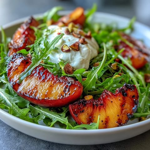 Grilled peach and burrata salad, showcasing sweet, caramelized fruit with creamy cheese.