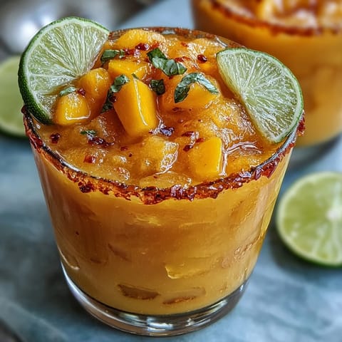 Vibrant Fricy Spicy Mango Margarita Slushie, packed with sweet mango and lime.
