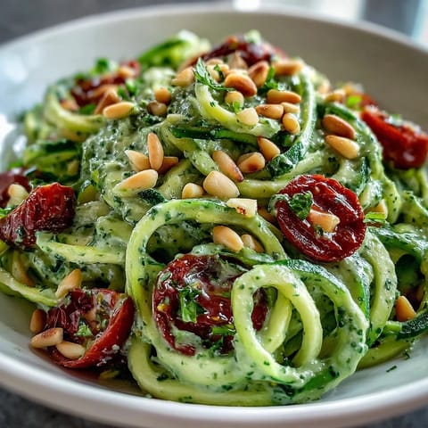 Light and healthy Zucchini Noodles with Avocado Pesto, garnished with cherry tomatoes.