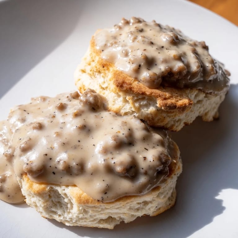 Flaky, buttery Biscuits and Gravy recipe, smothered with peppery sausage gravy, ready to serve and enjoy.