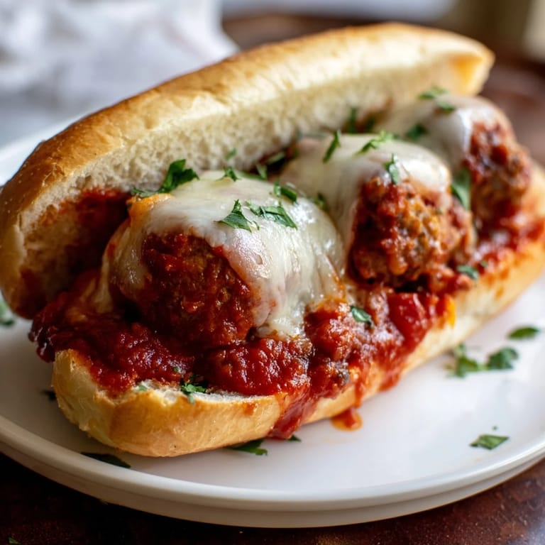A close-up shot of a bubbling, cheesy meatball sub, perfect for a comforting Italian-American meal.