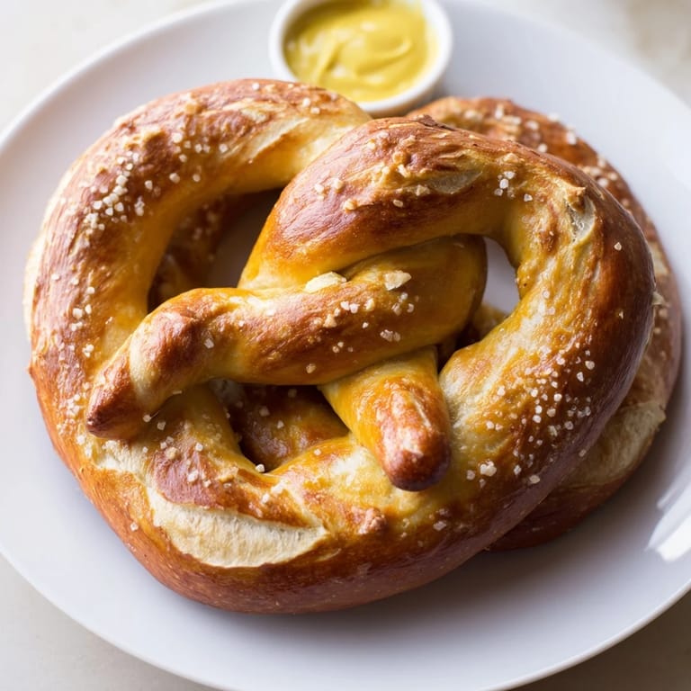 Close-up of freshly baked Soft Pretzels, showing a twisted shape and crispy crust alongside mustard.