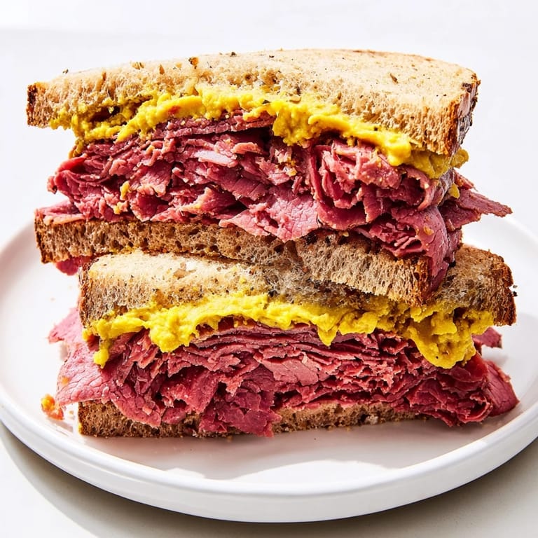Perfectly stacked Pastrami on Rye with caraway seed-flecked rye, an easy American deli-style meal to make and enjoy.