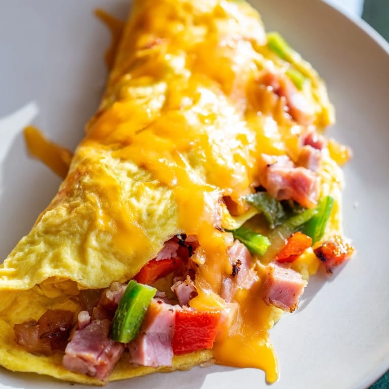 Freshly cooked Denver Omelet featuring a savory combination of ham, cheese, and veggies on a plate.
