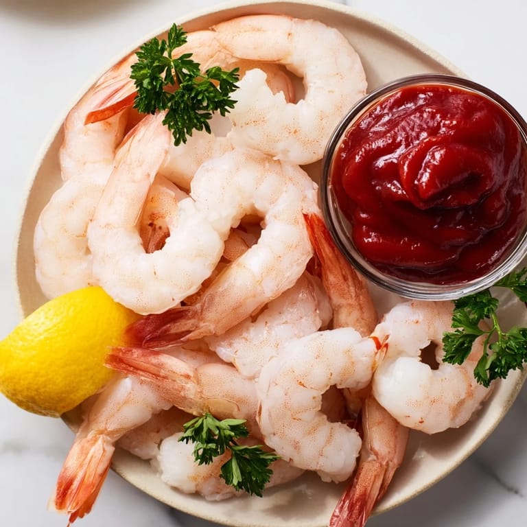 Bright red cocktail sauce complements the chilled shrimp cocktail, a classic appetizer perfect for summer.