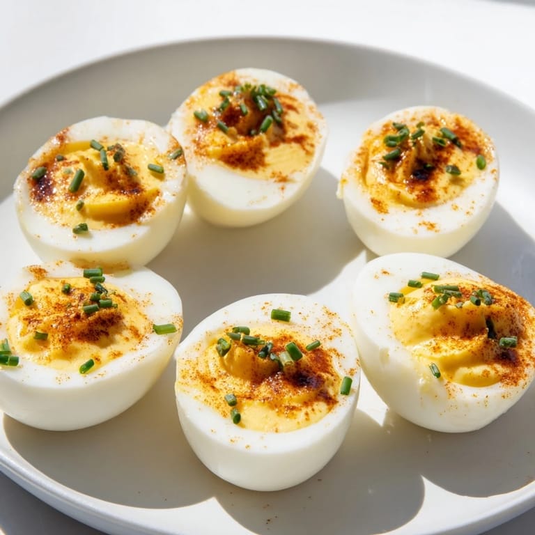 Perfect deviled eggs sit, halves filled with a smooth, flavorful yolk; ideal for picnics.