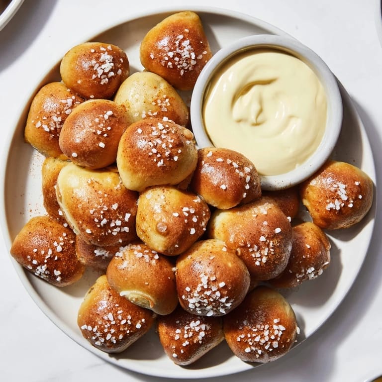 Mouthwatering image of warm pretzel bites, served with a vibrant homemade cheese dip for dipping.