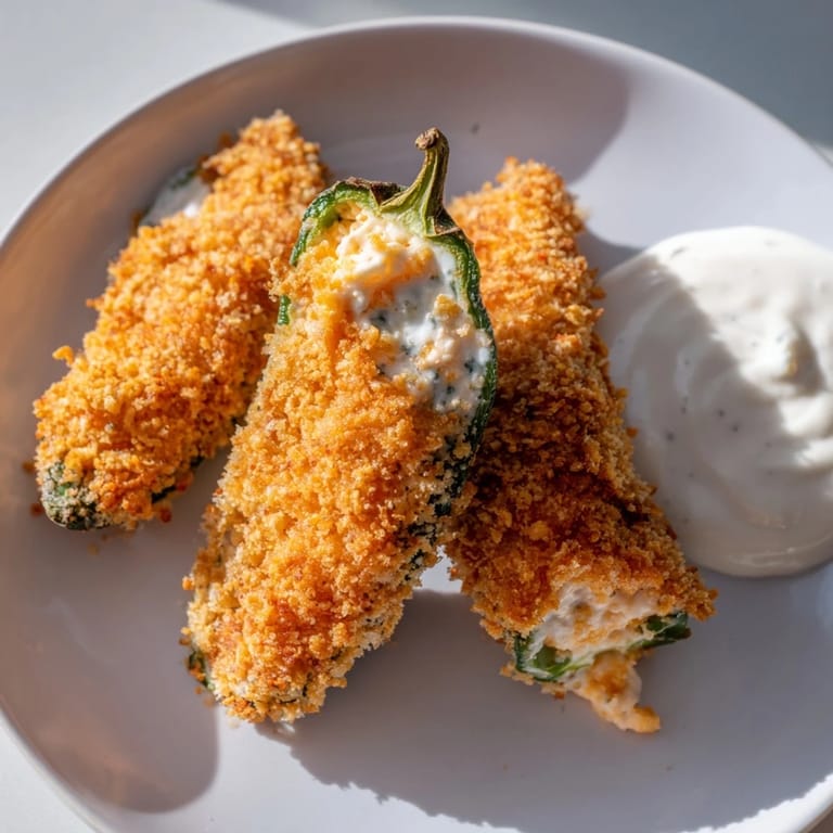 Crispy-coated jalapeño poppers: a spicy appetizer with a creamy cheese filling and perfect golden crust.