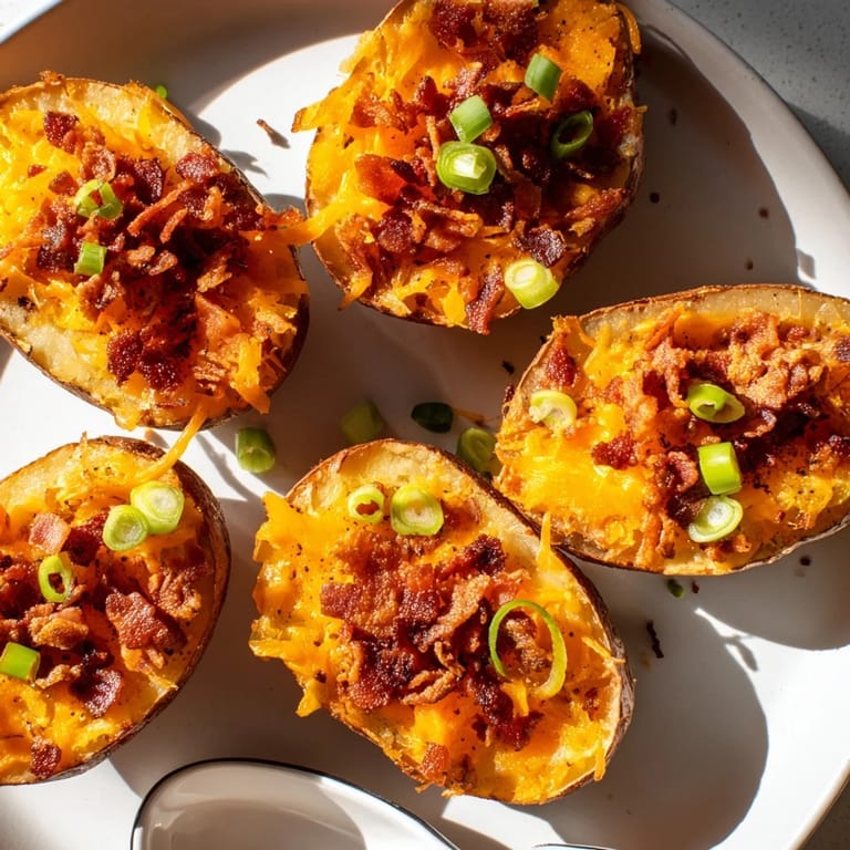 Deliciously cheesy potato skins with melted cheddar, smoky bacon, and fresh green onion garnish.
