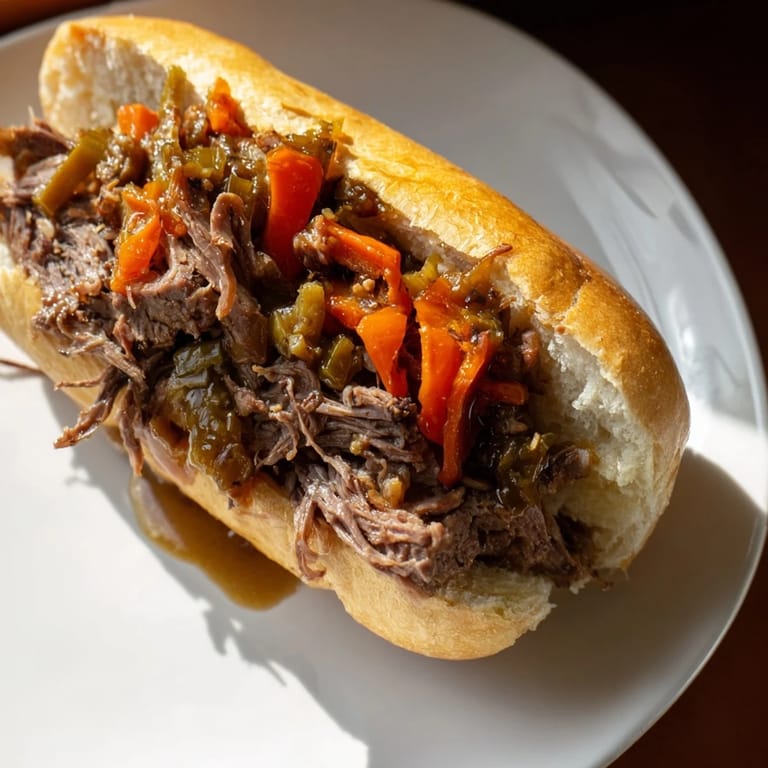 Golden-brown Italian Beef Sandwich slices dripping with flavorful au jus are ready to eat.