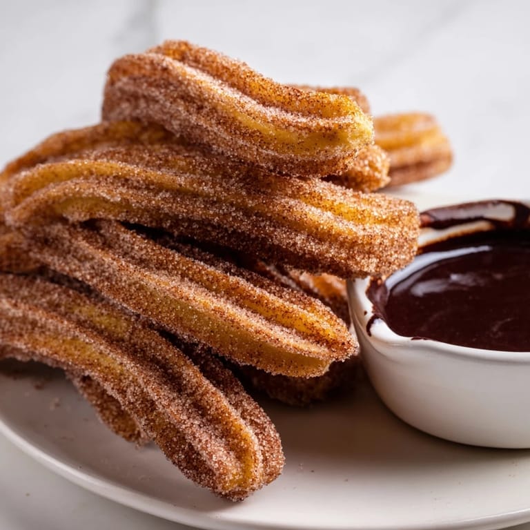 A close-up of crispy churros served with rich chocolate sauce; a perfect dessert treat.