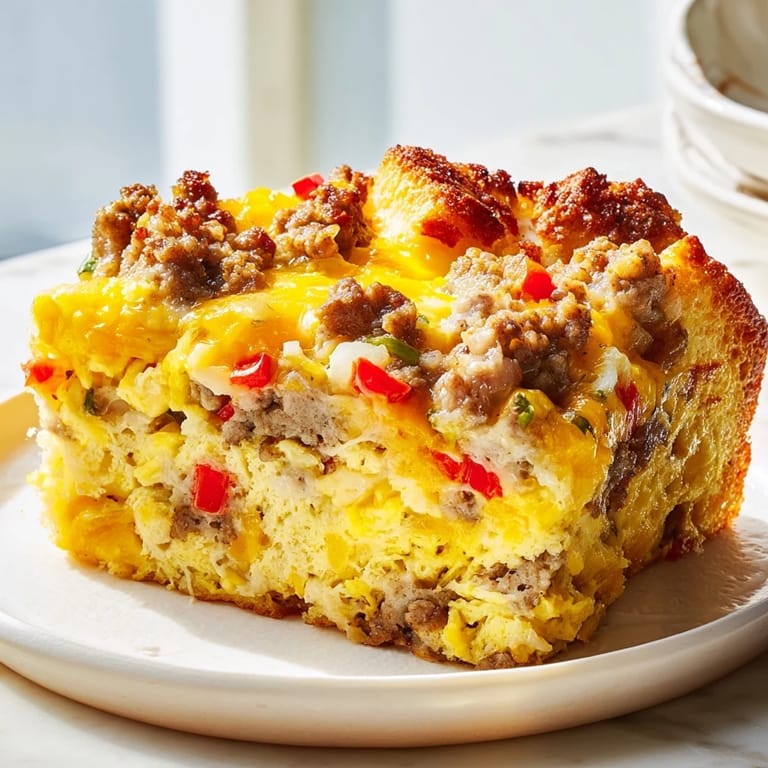 A close-up of a warm Breakfast Sausage Casserole, showcasing melty cheese and fluffy, cooked eggs.