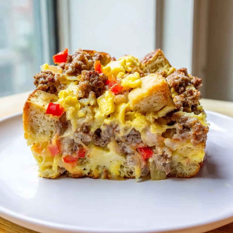 Hearty American Breakfast Sausage Casserole, a comforting baked dish with golden bread cubes and savory sausage.