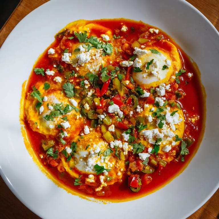 This comforting Shakshuka features perfectly cooked eggs nestled in a rich tomato and pepper base.