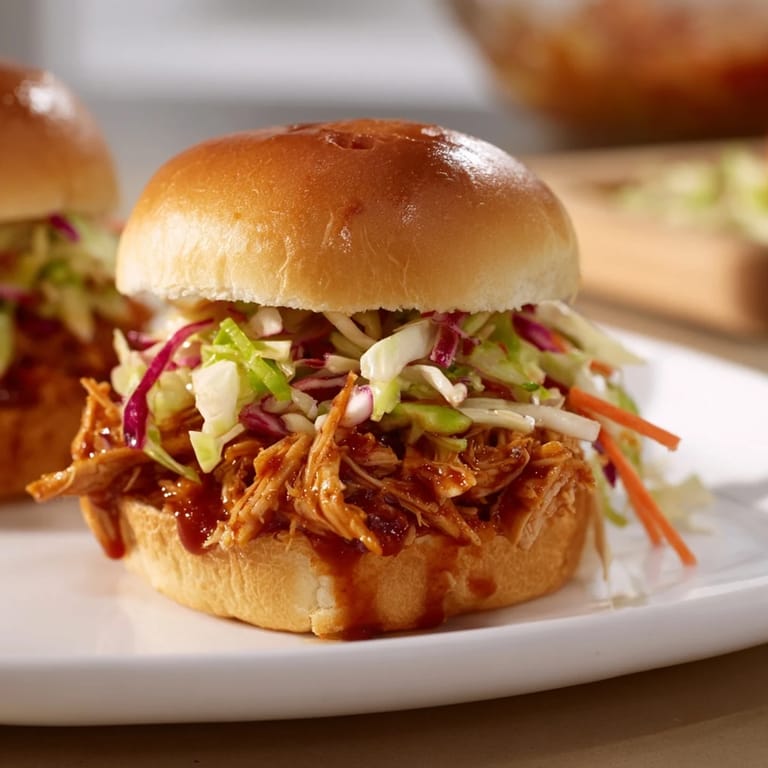 The BBQ Chicken Sliders are piled high on a rustic wooden board for serving.