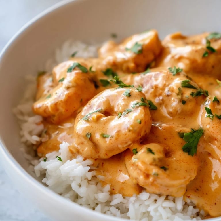 Garnished with fresh parsley, the Creamy Cajun Shrimp Rice Bowl sits atop steaming jasmine rice for a hearty meal.
