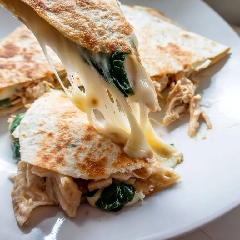 Close-up of a golden-brown Chicken and Spinach Quesadilla cut into wedges, revealing a savory filling and steam rising.