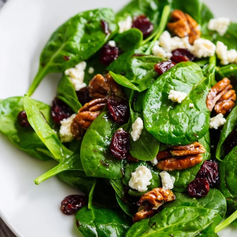 A vibrant Spinach Goat Cheese Salad served on a plate, featuring tender spinach, dried cranberries, candied pecans, and crumbled goat cheese.