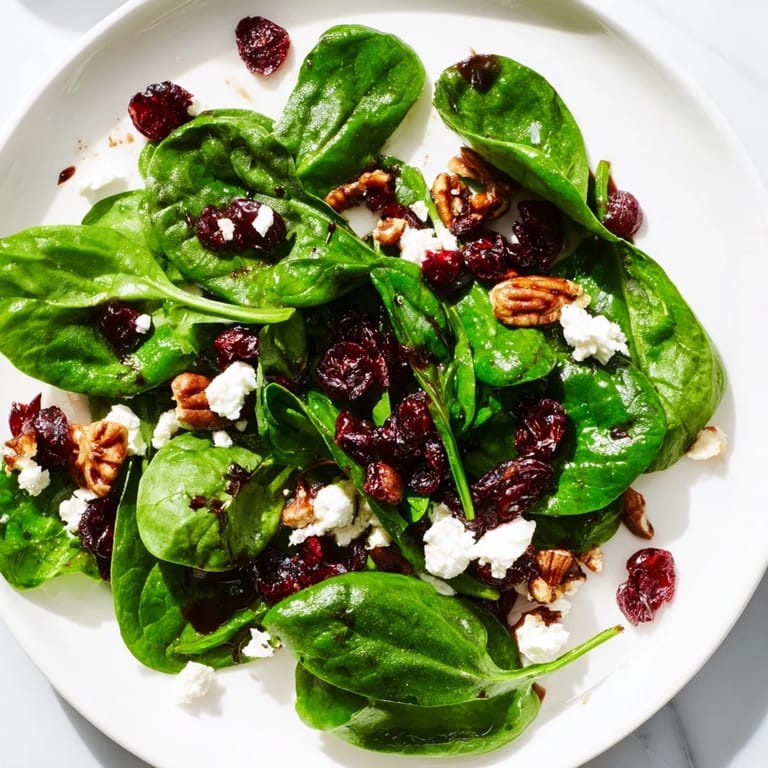 Spinach Goat Cheese Salad with creamy goat cheese, sweet cranberries, and crunchy candied pecans, drizzled with balsamic vinaigrette.