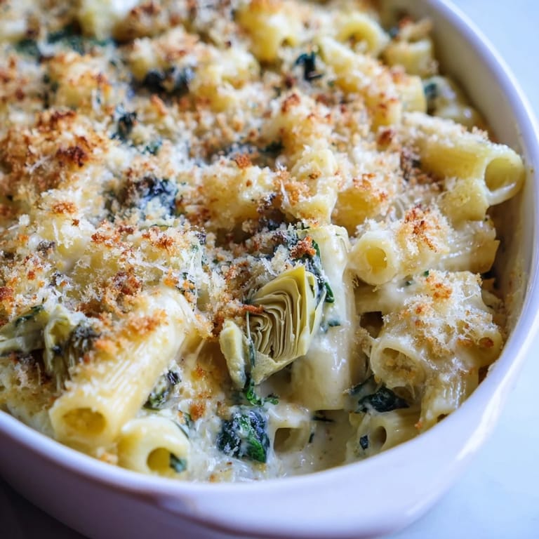 A freshly baked casserole dish of Artichoke Pasta Bake, topped with crispy golden breadcrumbs and served alongside a glass of white wine.