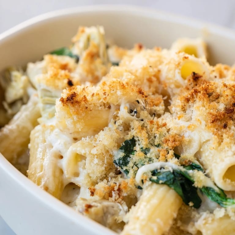 Close-up of a spoon lifting a creamy serving of Artichoke Pasta Bake, revealing tender pasta, spinach, and marinated artichoke hearts.