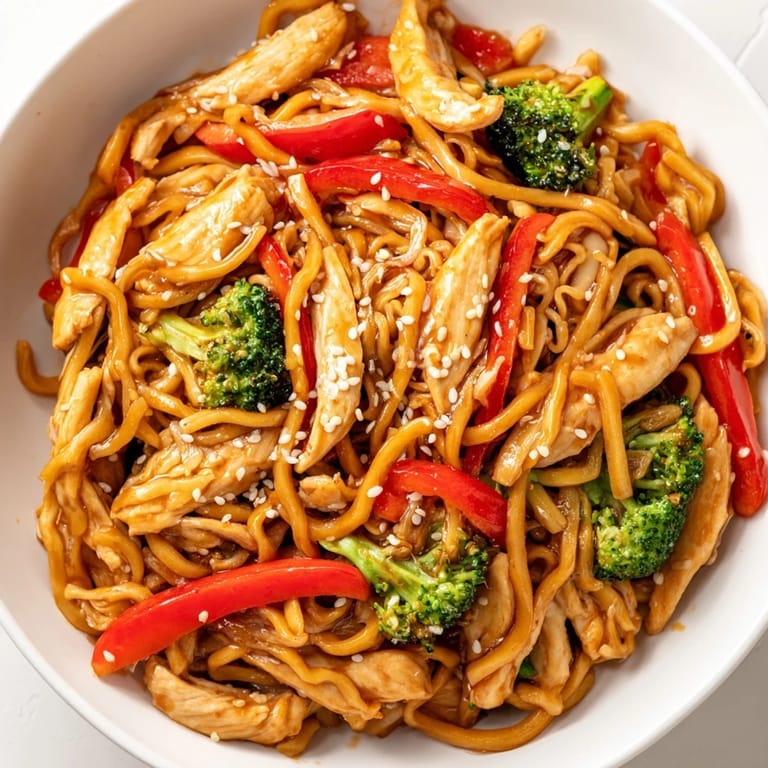 Quick Spicy Ramen Stir-Fry sizzling in a skillet, showcasing succulent chicken and julienned carrots coated in a bold, chili-infused sauce.