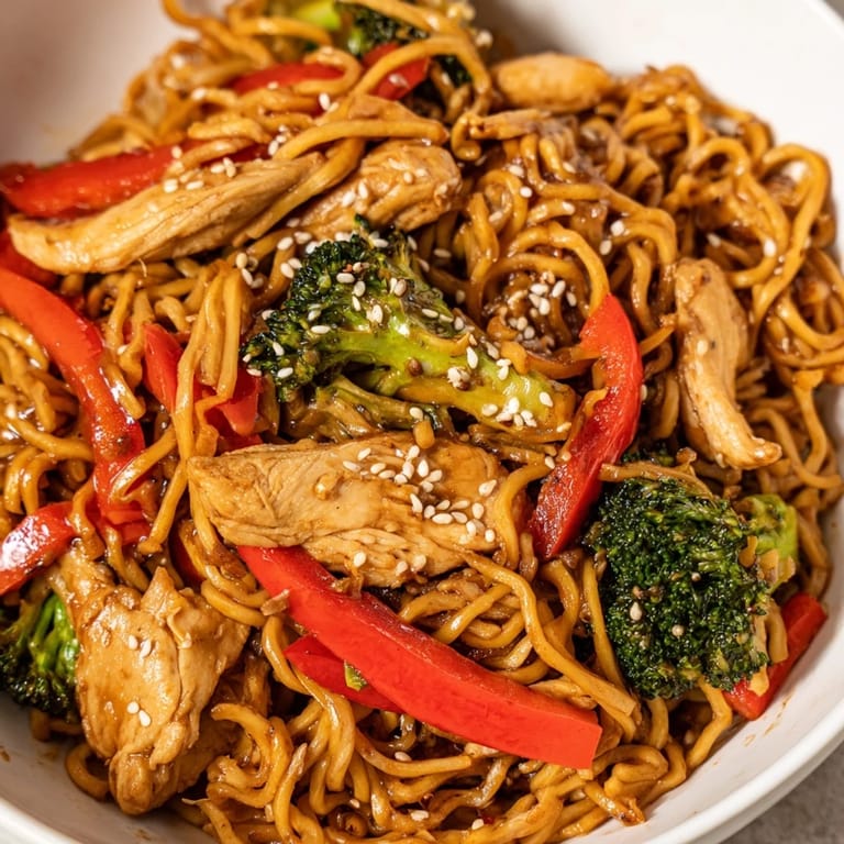 Vibrant Spicy Ramen Stir-Fry piled high with colorful vegetables and noodles, topped with sesame seeds and fresh green onions.  