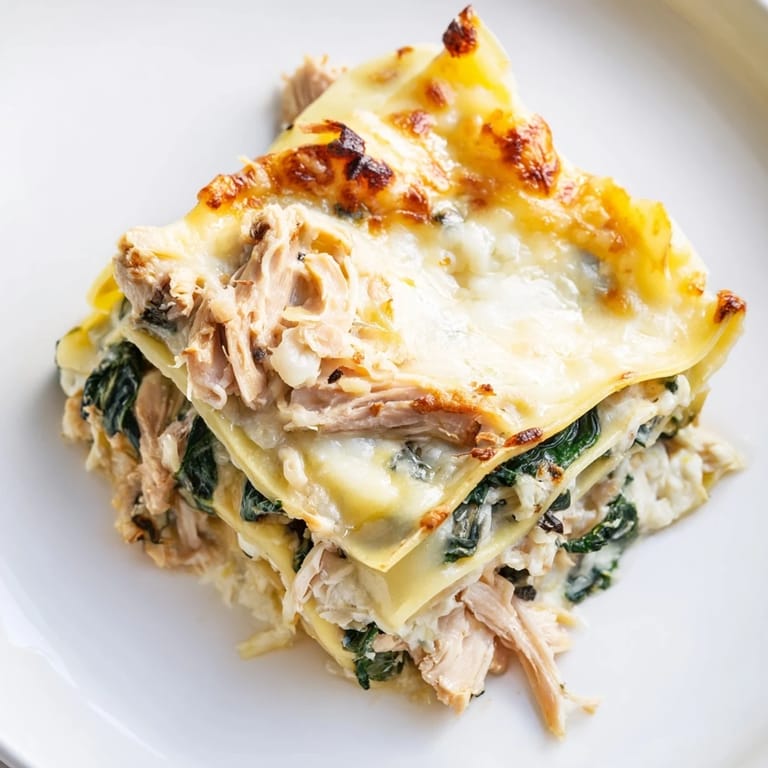 A slice of creamy Chicken Alfredo Lasagna reveals tender chicken, spinach, and velvety Alfredo sauce between noodles.  