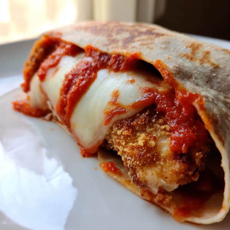 Close-up of a Crispy Chicken Parm Wrap cut in half, revealing layers of breaded chicken, rich marinara sauce, and cheese.
