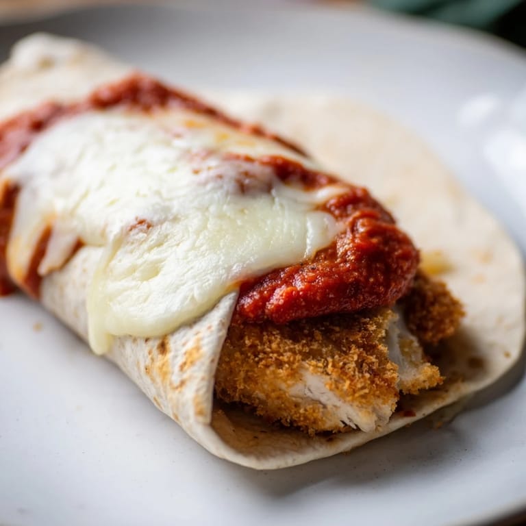 Handheld Crispy Chicken Parm Wrap with toasted tortilla, gooey cheese, and basil on a rustic wooden serving board.