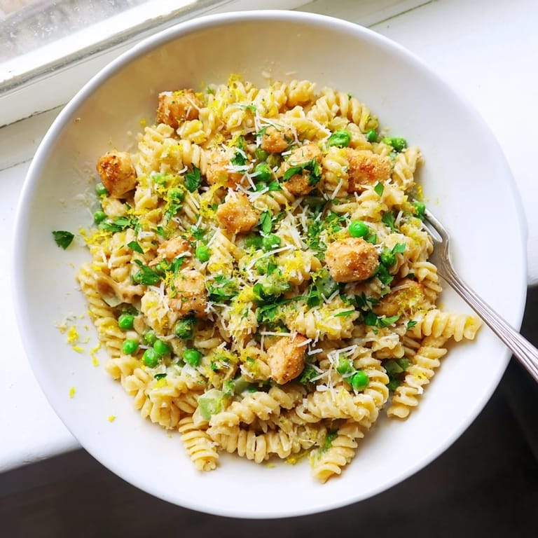 Family-style skillet of Garlic Butter Chicken & Pea Pasta, featuring tender chicken pieces, sweet peas, and al dente rotini tossed in a creamy garlic butter sauce, ready to serve for dinner.
