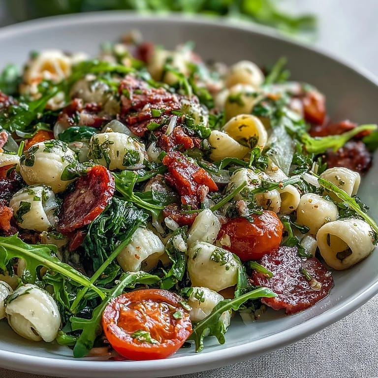 A close-up of zesty Spring Antipasto Pasta Salad, ready for a potluck.